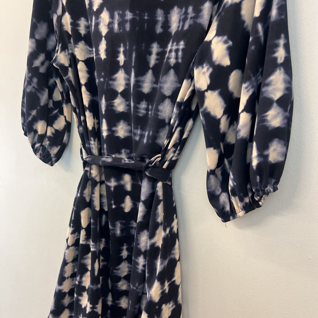 Tyche Navy/ Cream Print Long Sleeve Tie Waist Dress Medium