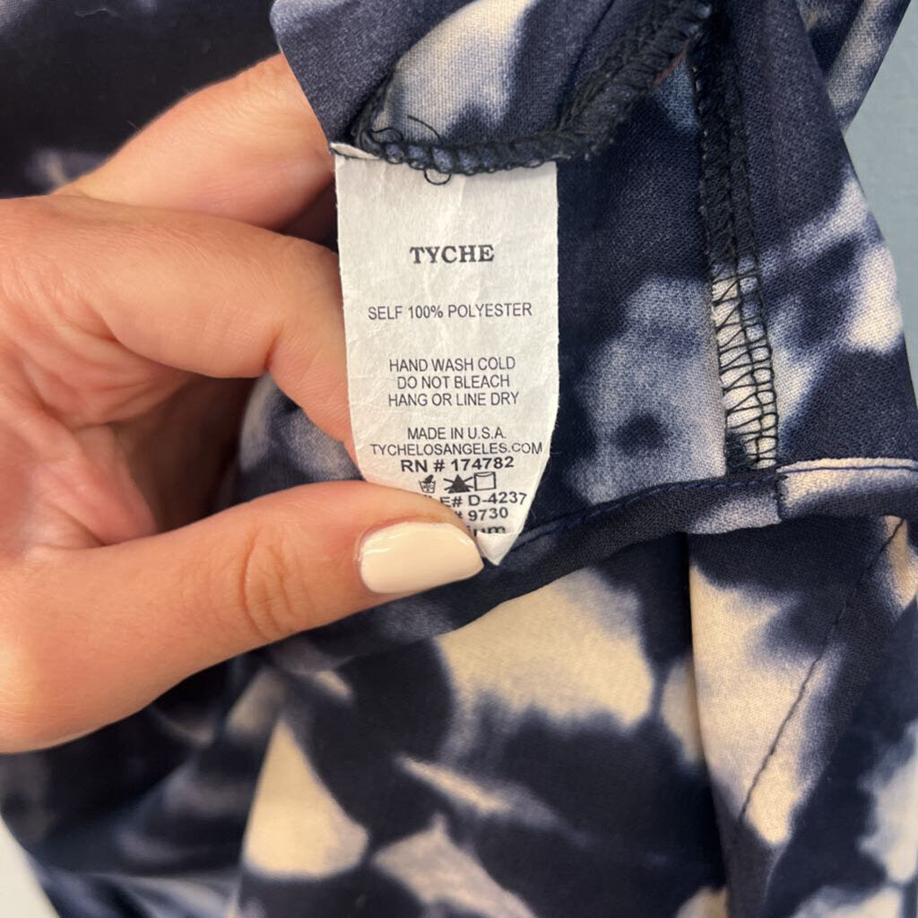 Tyche Navy/ Cream Print Long Sleeve Tie Waist Dress Medium