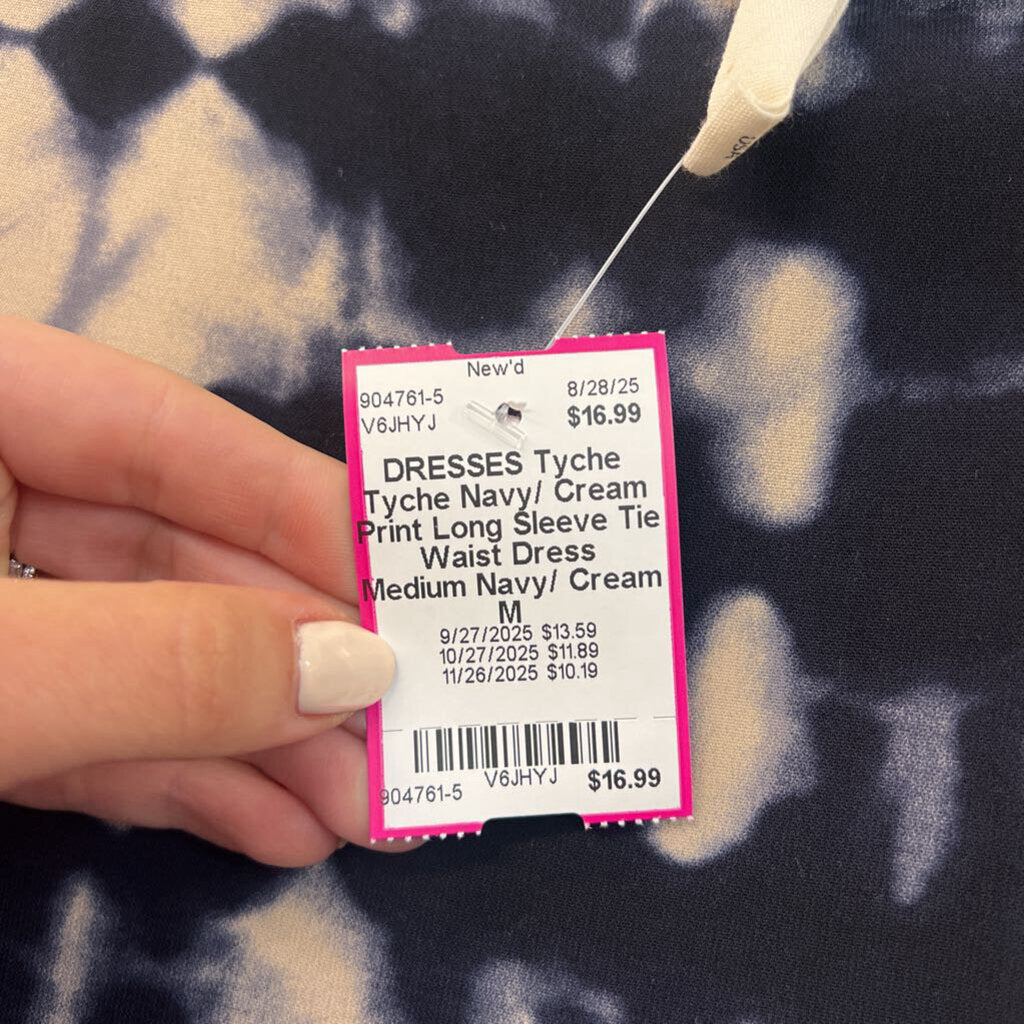 Tyche Navy/ Cream Print Long Sleeve Tie Waist Dress Medium