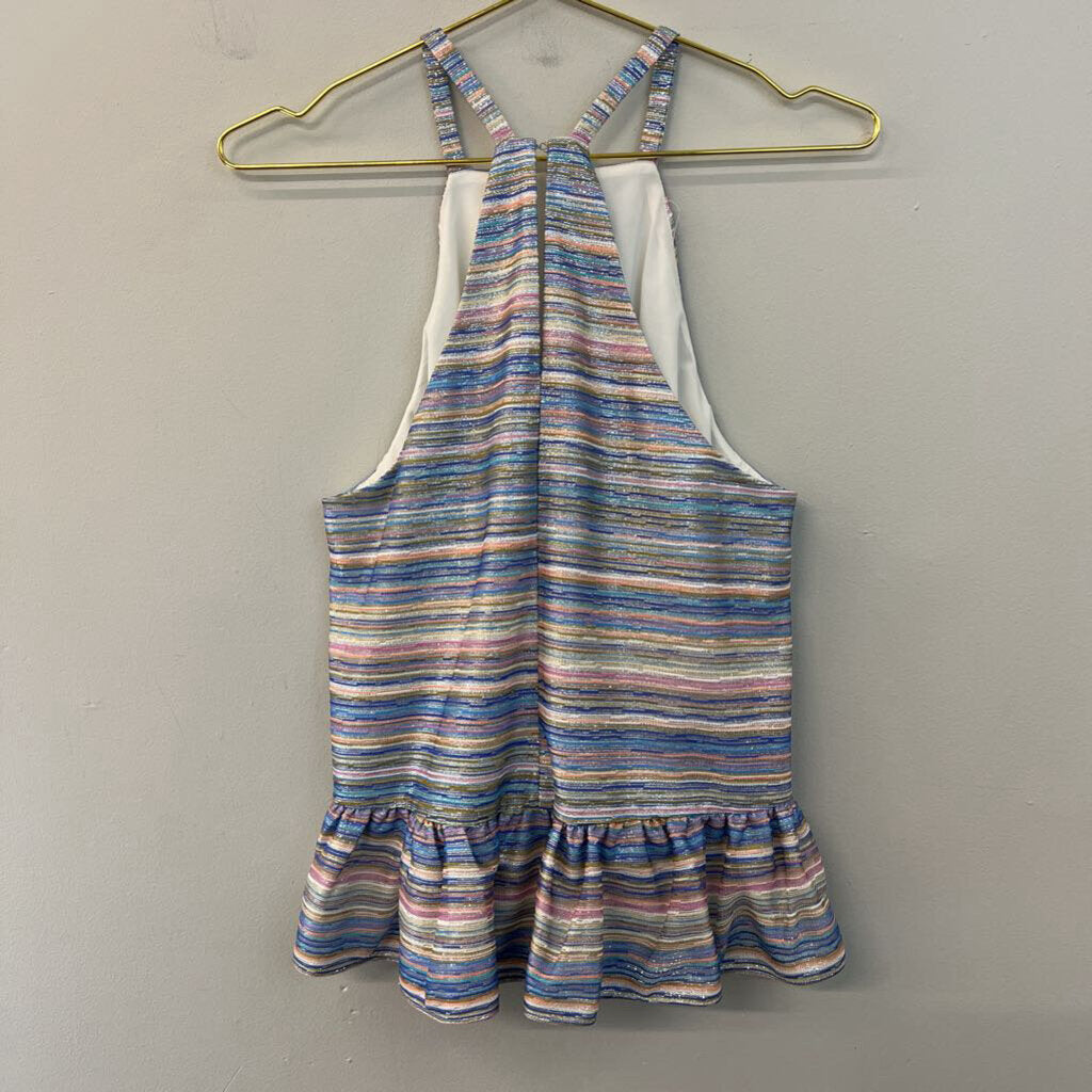 Amanda Uprichard Multi Color Striped Shimmer Halter Ruffle Hem Tank Top Medium