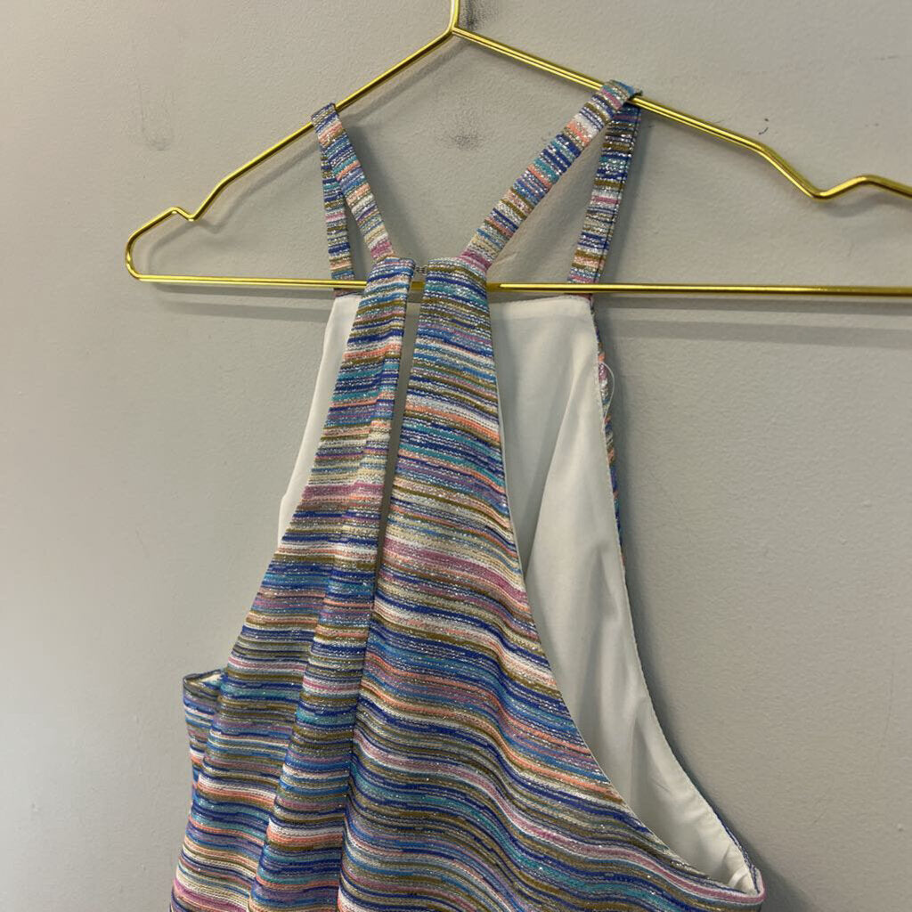 Amanda Uprichard Multi Color Striped Shimmer Halter Ruffle Hem Tank Top Medium