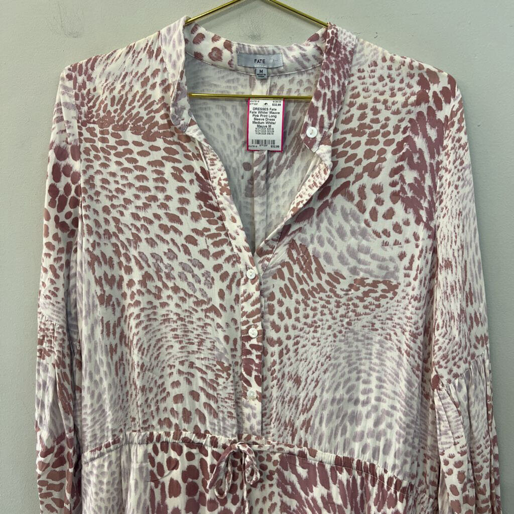 Fate White/ Mauve Pink Print Long Sleeve Dress Medium