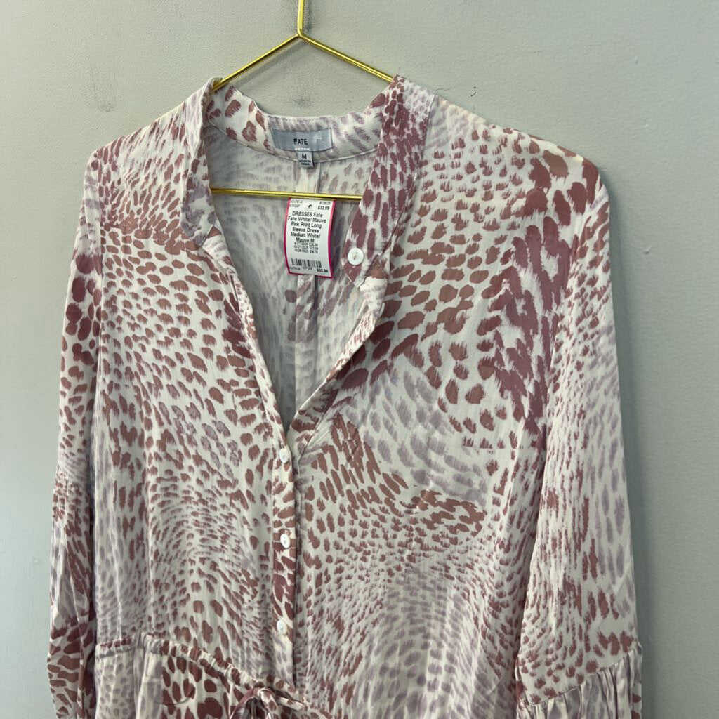 Fate White/ Mauve Pink Print Long Sleeve Dress Medium