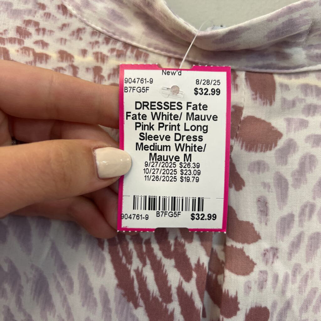 Fate White/ Mauve Pink Print Long Sleeve Dress Medium