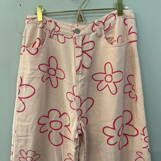 Bailey Rose Pink Flower Print Wide Leg Denim Jeans Large