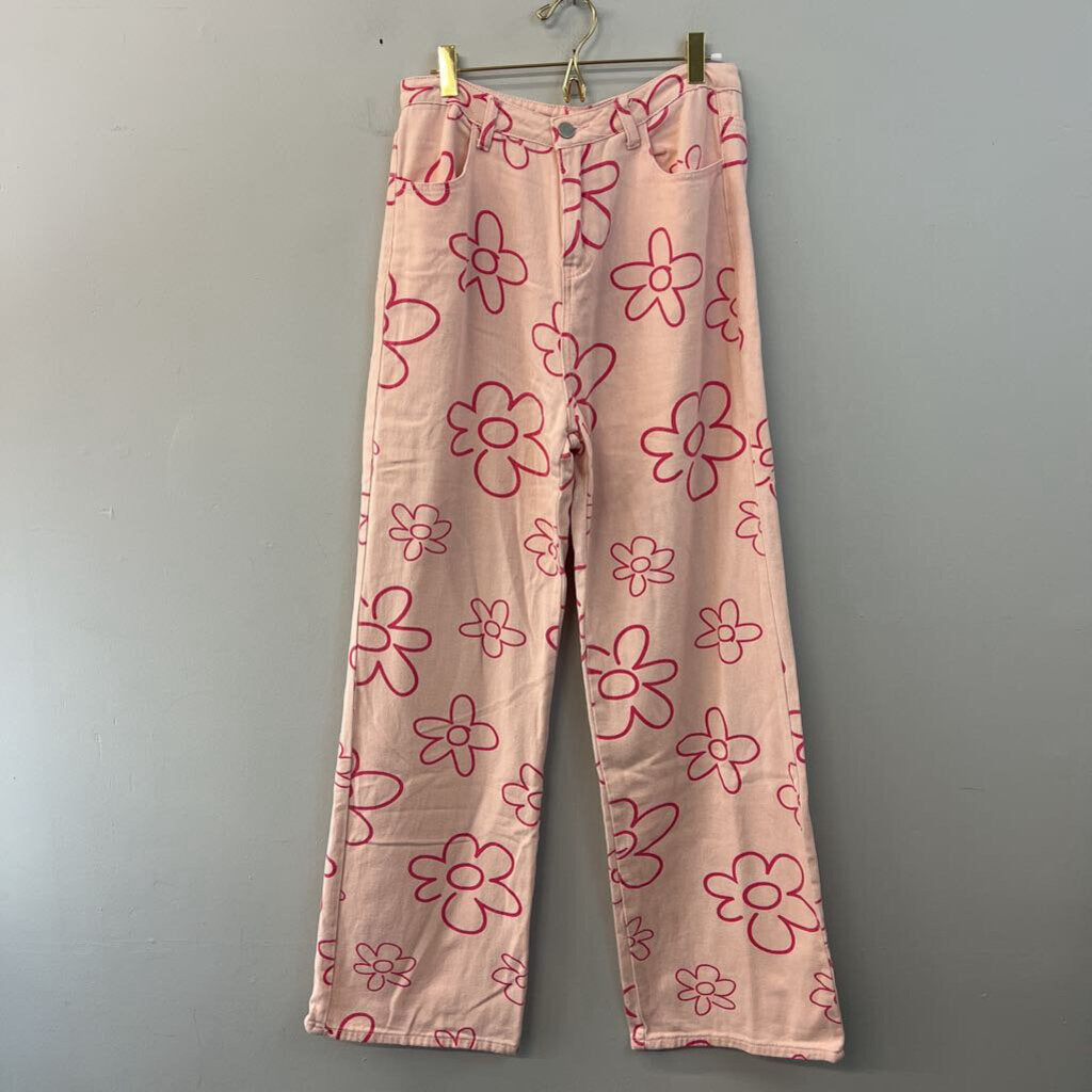 Bailey Rose Pink Flower Print Wide Leg Denim Jeans Large