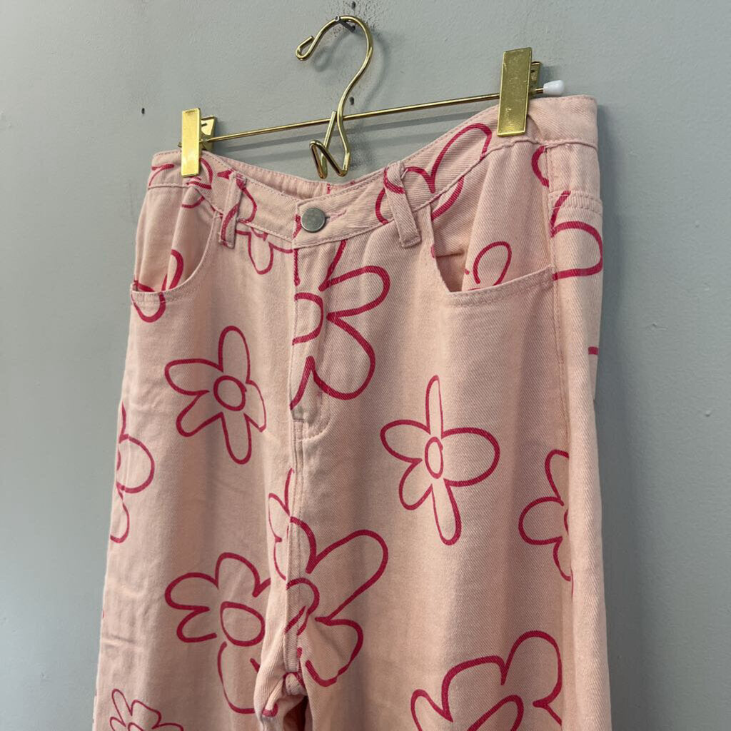 Bailey Rose Pink Flower Print Wide Leg Denim Jeans Large