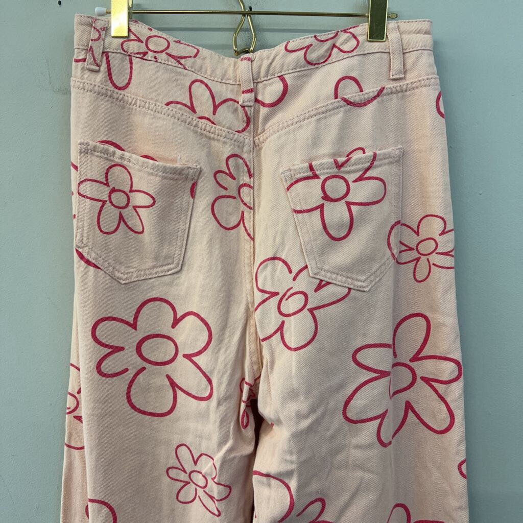 Bailey Rose Pink Flower Print Wide Leg Denim Jeans Large