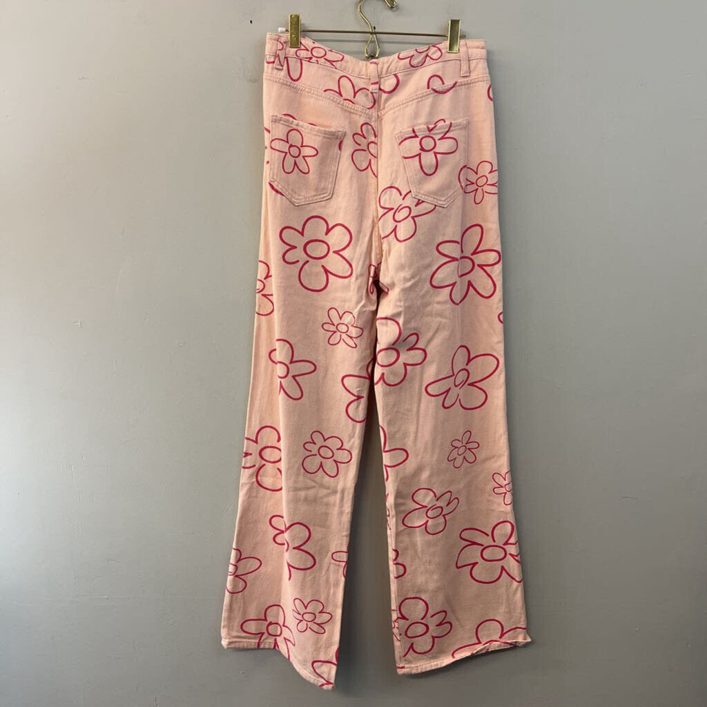 Bailey Rose Pink Flower Print Wide Leg Denim Jeans Large
