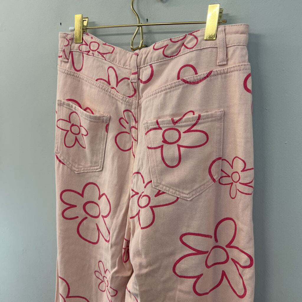 Bailey Rose Pink Flower Print Wide Leg Denim Jeans Large