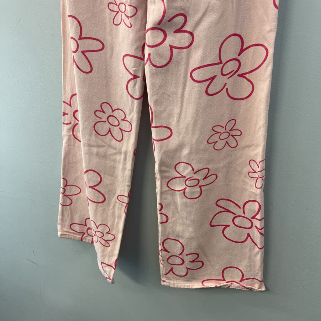 Bailey Rose Pink Flower Print Wide Leg Denim Jeans Large