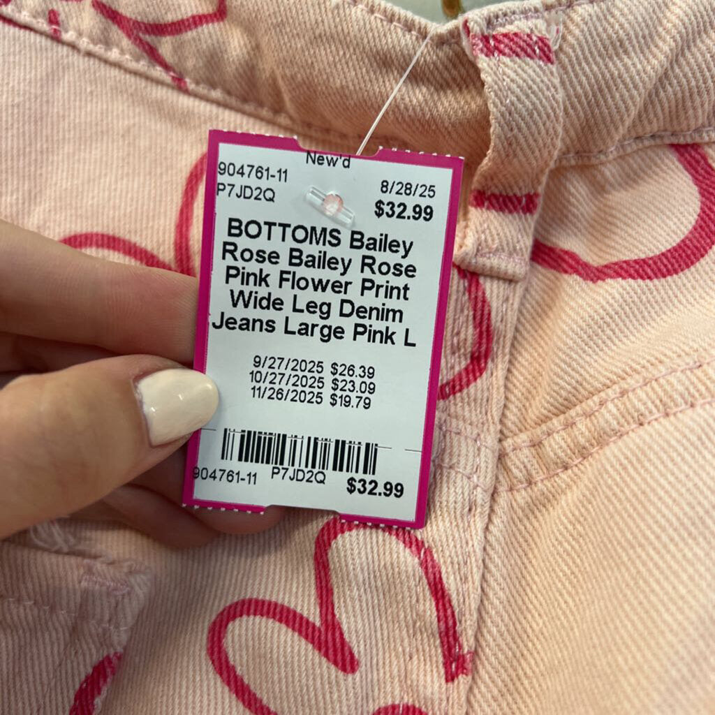 Bailey Rose Pink Flower Print Wide Leg Denim Jeans Large