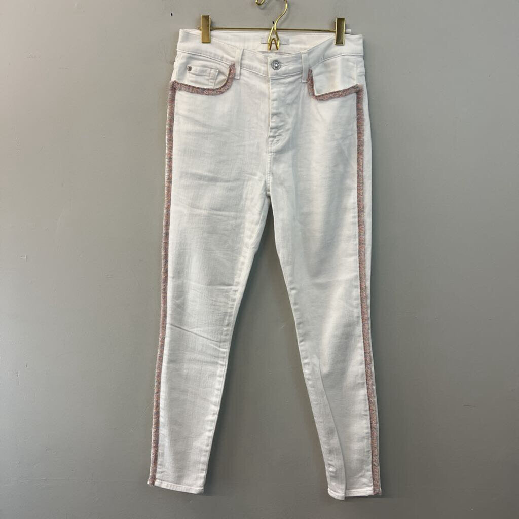 7 For All Mankind White/ Multi Color Frayed Fringe Skinny Leg Jeans 29