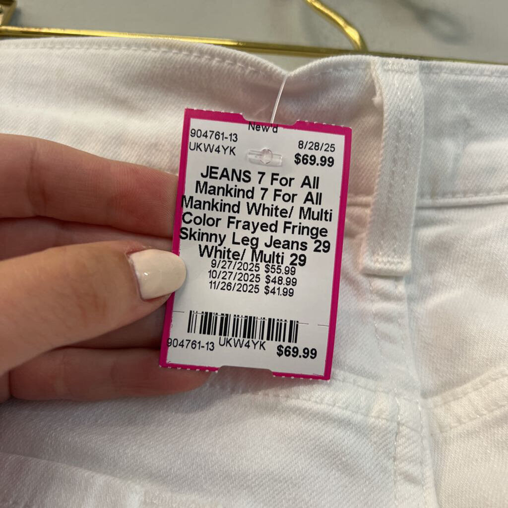 7 For All Mankind White/ Multi Color Frayed Fringe Skinny Leg Jeans 29