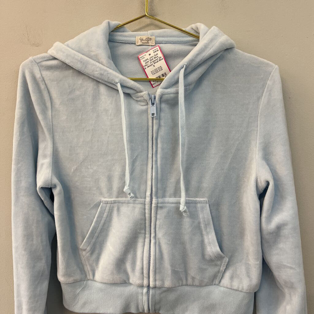 John Galt Blue Velour Cropped Zip Up Jacket Small