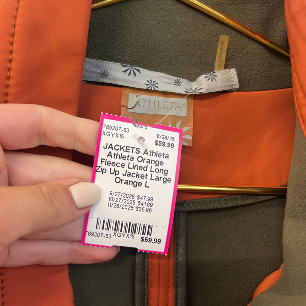 Athleta Orange Fleece Lined Long Zip Up Jacket Large