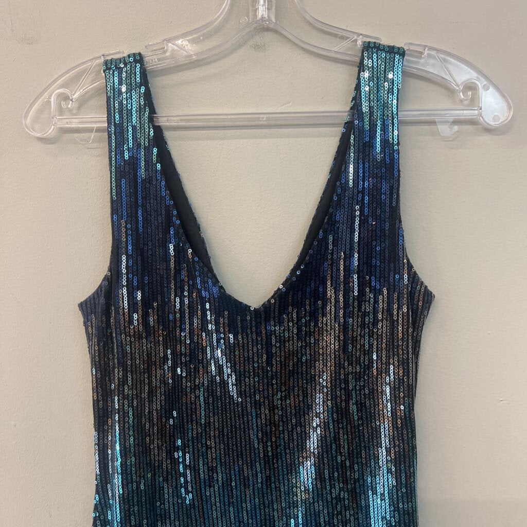 Black/ Blue/ Silver Sequin V Neck Sleeveless Short Formal Dress Small