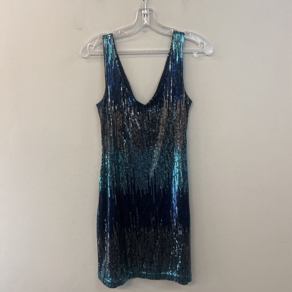 Black/ Blue/ Silver Sequin V Neck Sleeveless Short Formal Dress Small