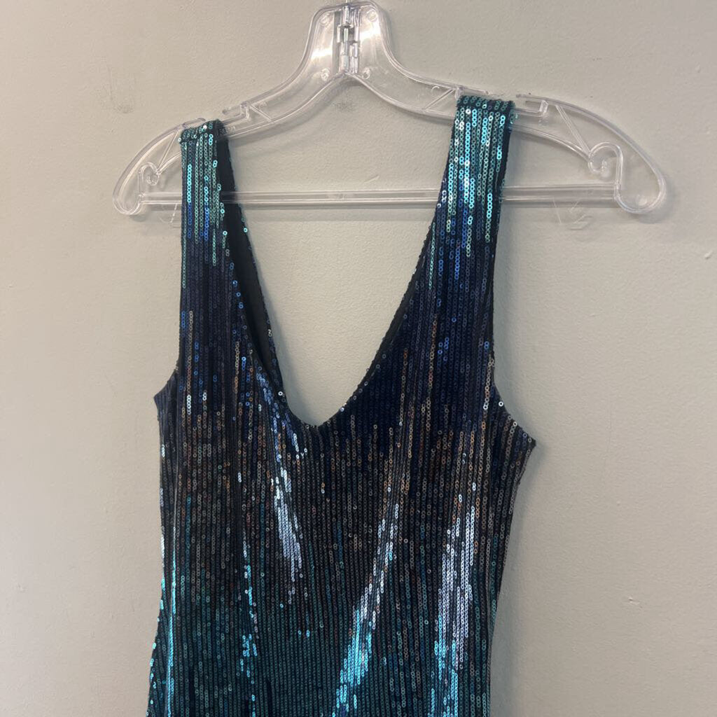 Black/ Blue/ Silver Sequin V Neck Sleeveless Short Formal Dress Small