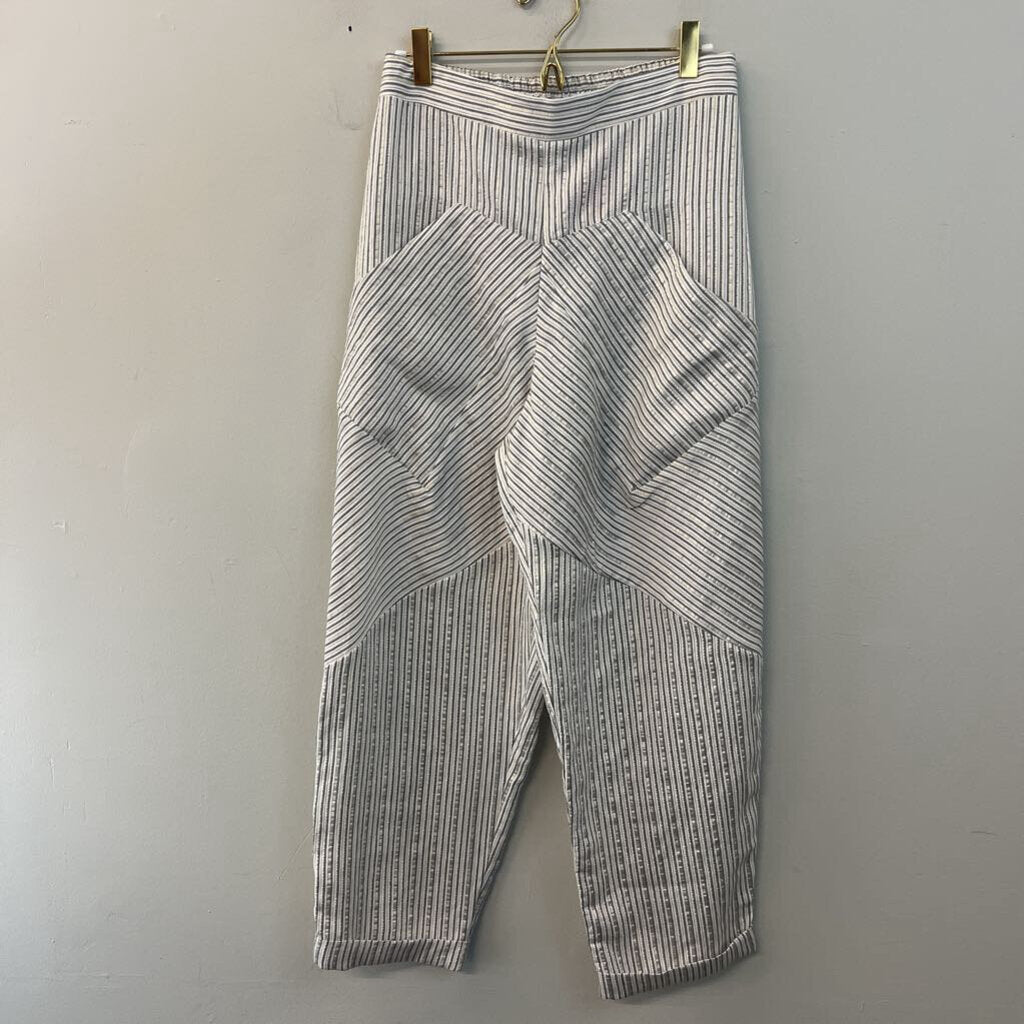 Ozai N Ku White/ Grey Metallic Striped Wide Leg Pull On Pants Medium