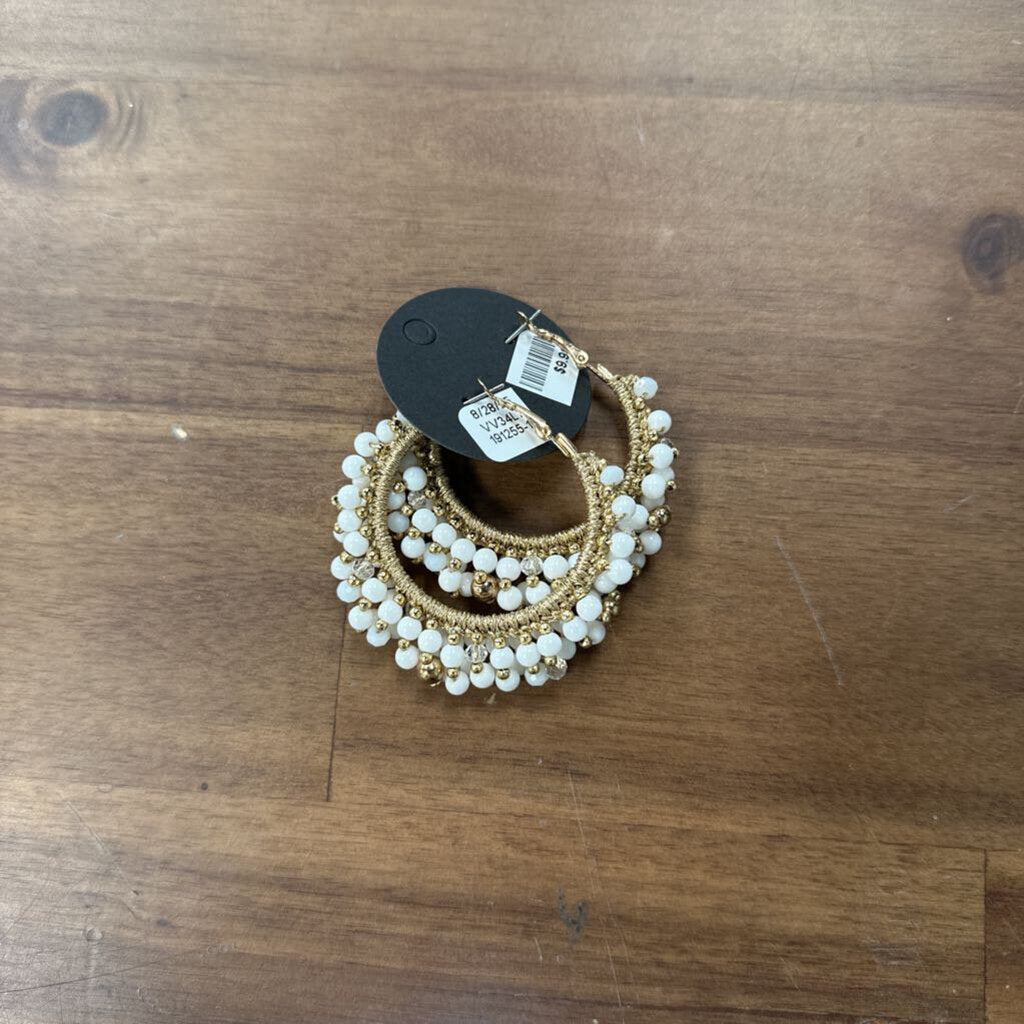 Gold/ White Beaded Cluster Hoop Earrings