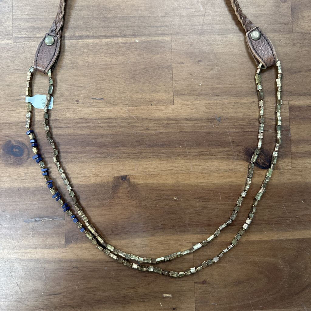 Brown Braided Leather Beaded Long Necklace