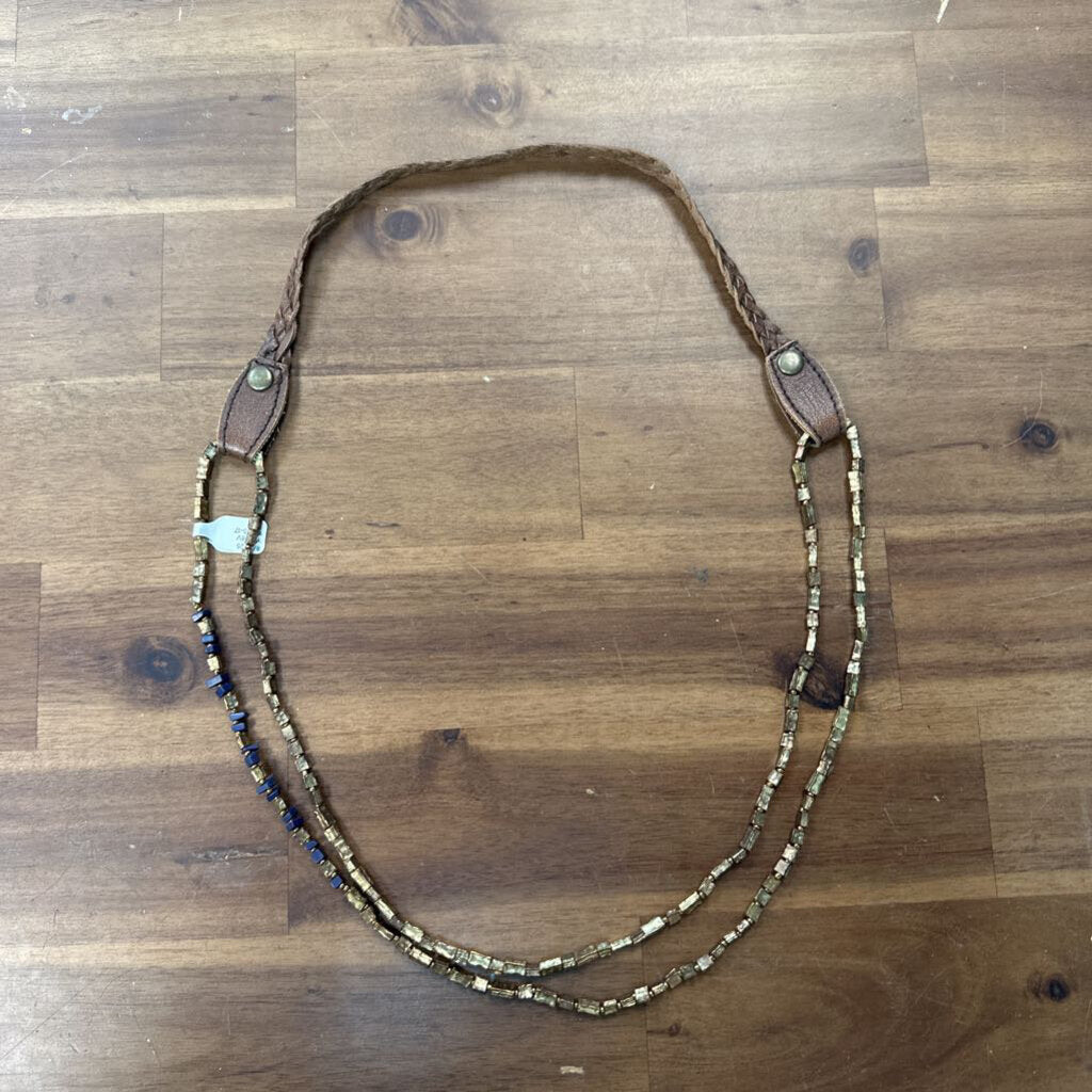 Brown Braided Leather Beaded Long Necklace