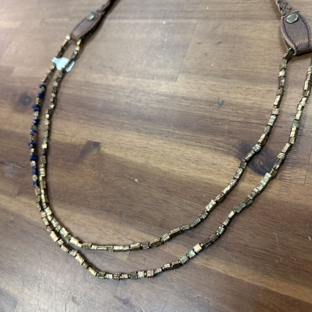 Brown Braided Leather Beaded Long Necklace