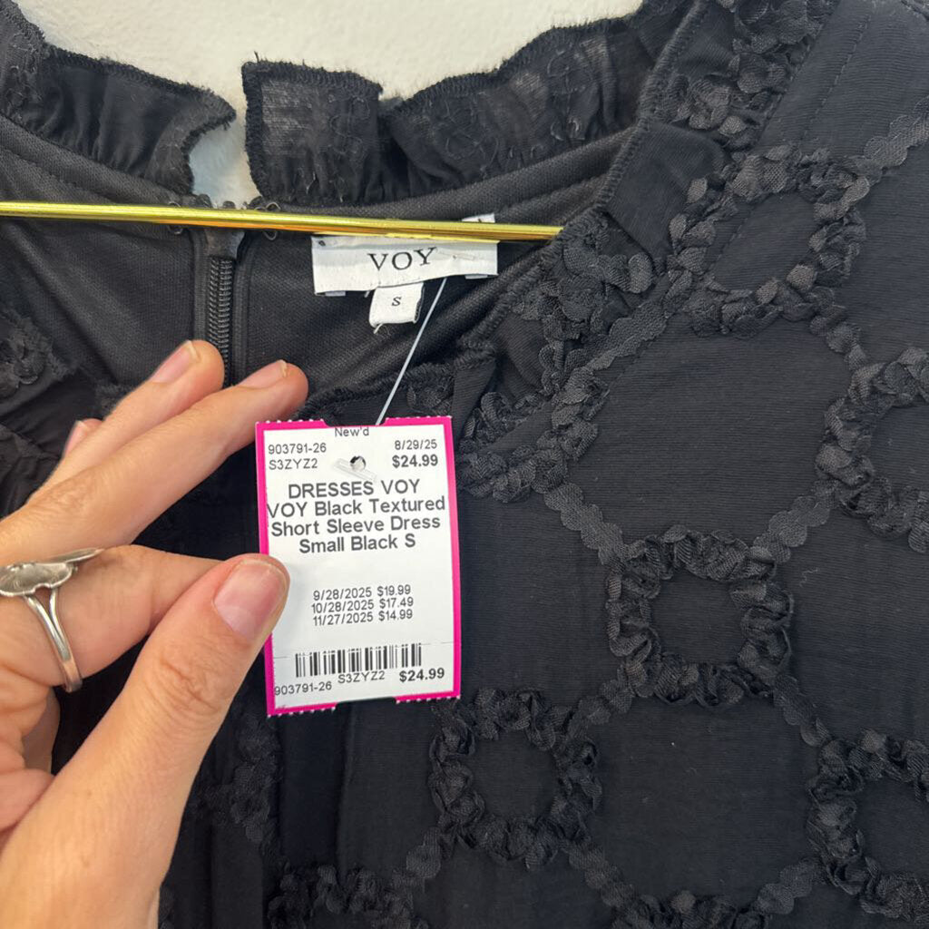 VOY Black Textured Short Sleeve Dress Small