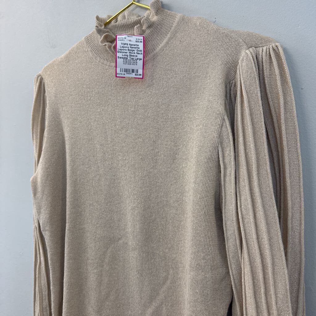Nanette Lepore Beige/ Gold Shimmer Mock Neck Long Sleeve Sweater Top Large