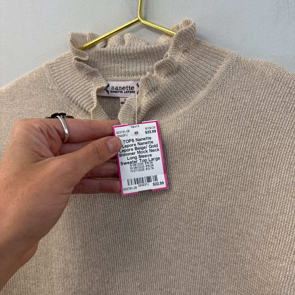 Nanette Lepore Beige/ Gold Shimmer Mock Neck Long Sleeve Sweater Top Large