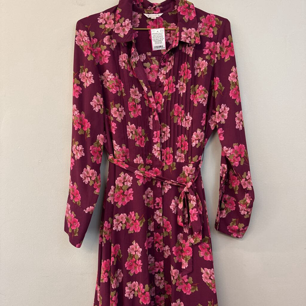 Nanette Lepore Burgundy/ Pink Flower Print Long Sleeve Button Down Dress 10