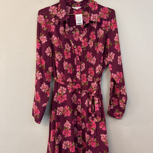 Nanette Lepore Burgundy/ Pink Flower Print Long Sleeve Button Down Dress 10