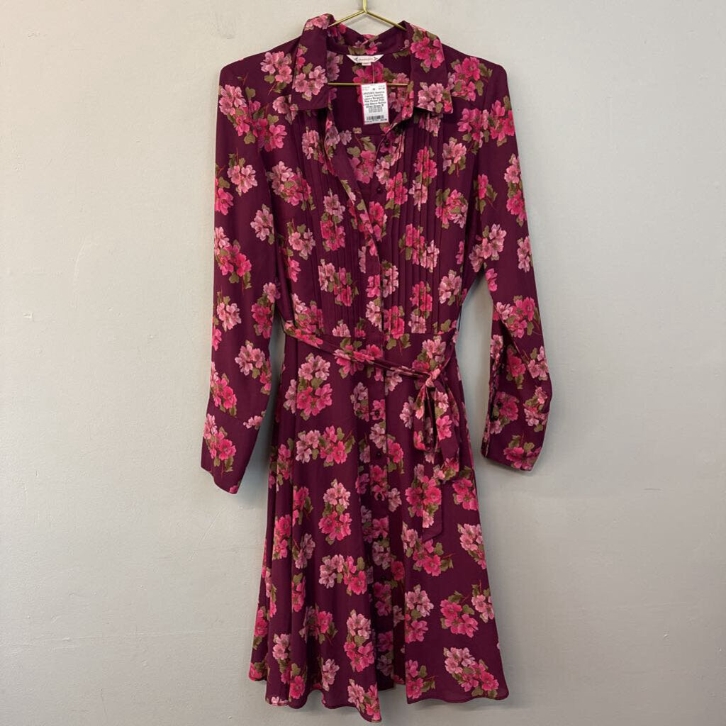 Nanette Lepore Burgundy/ Pink Flower Print Long Sleeve Button Down Dress 10