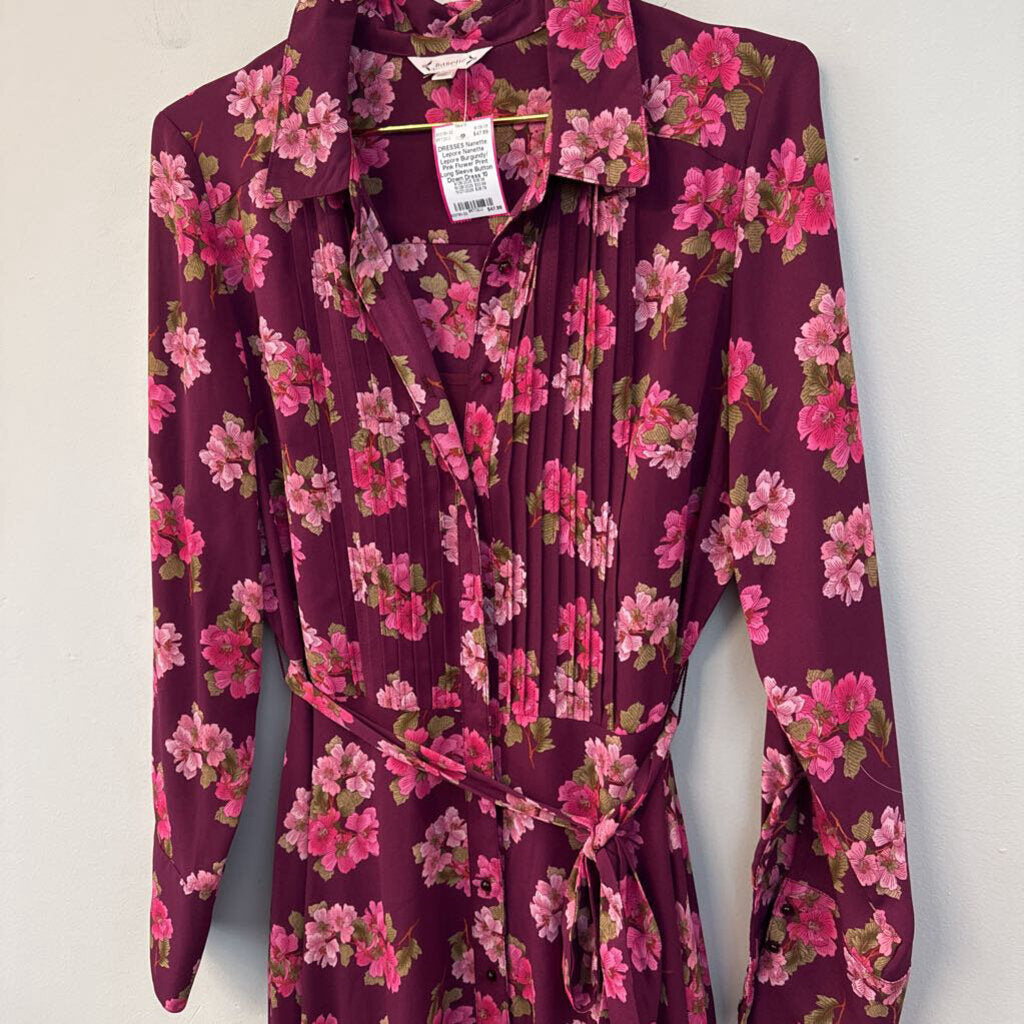 Nanette Lepore Burgundy/ Pink Flower Print Long Sleeve Button Down Dress 10
