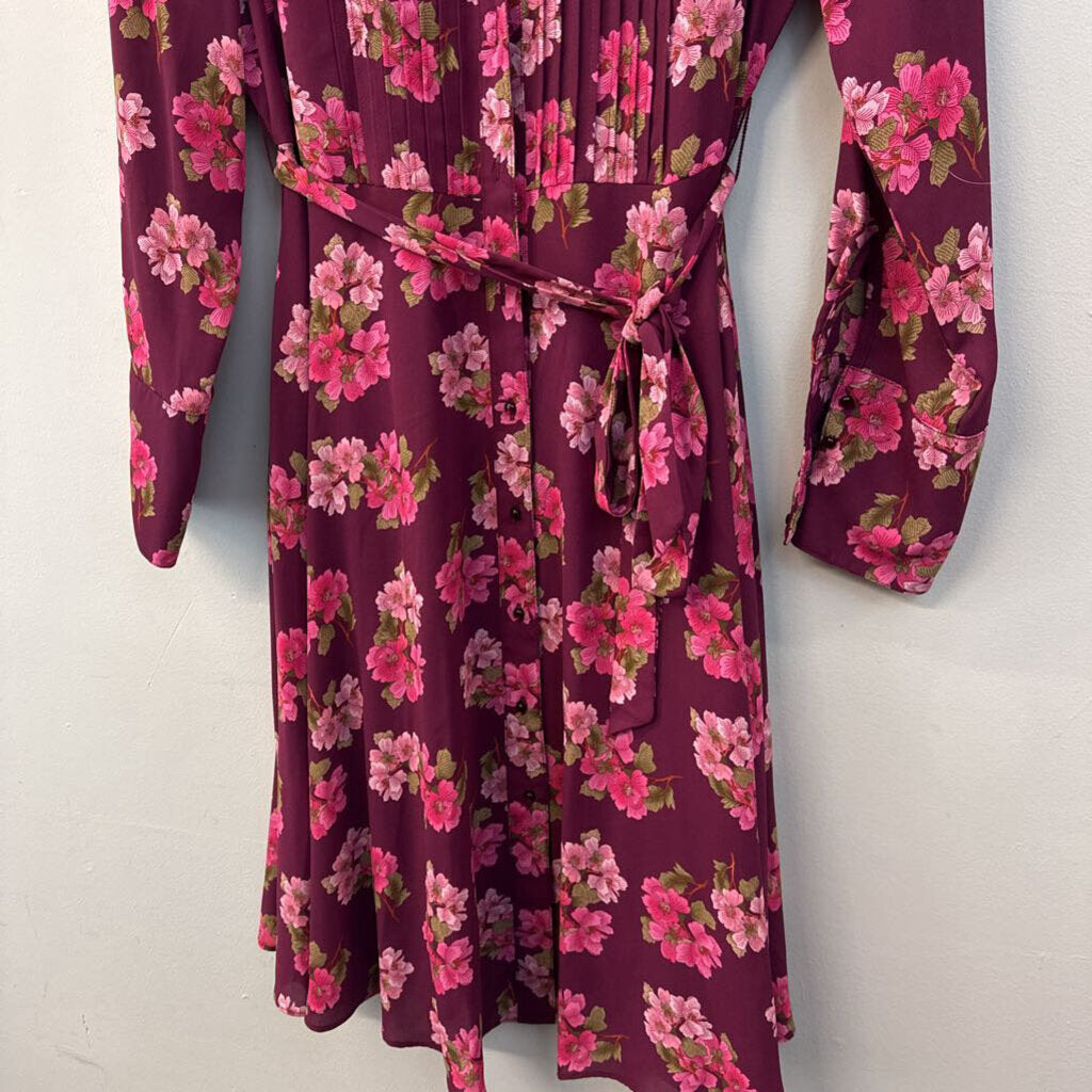 Nanette Lepore Burgundy/ Pink Flower Print Long Sleeve Button Down Dress 10