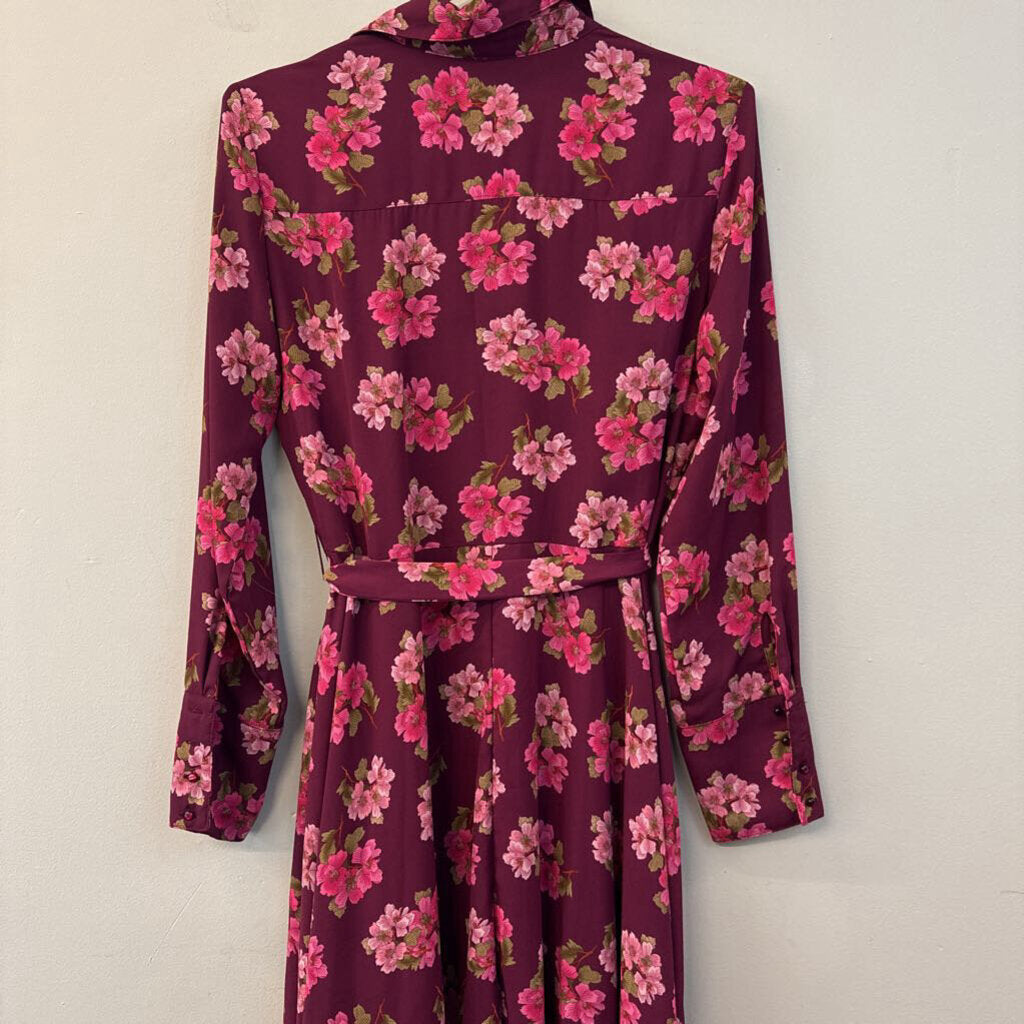 Nanette Lepore Burgundy/ Pink Flower Print Long Sleeve Button Down Dress 10