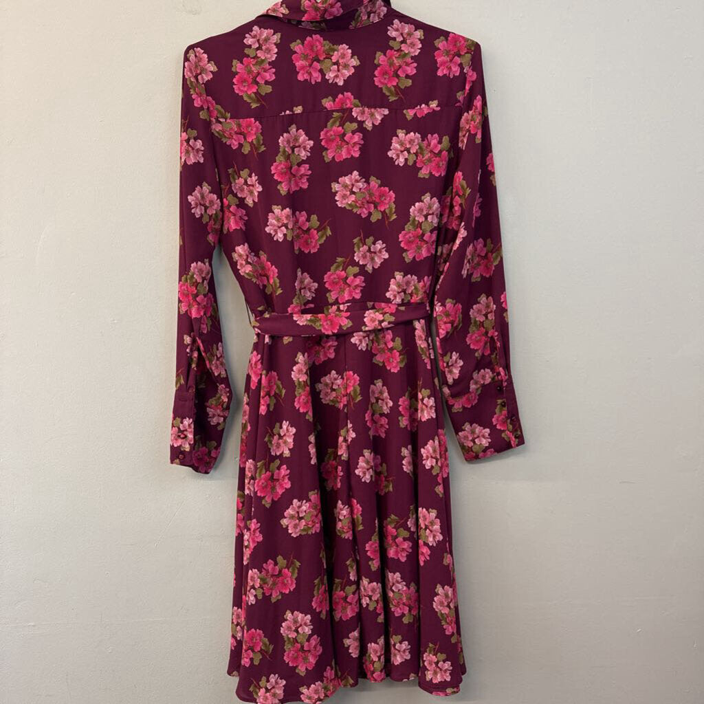 Nanette Lepore Burgundy/ Pink Flower Print Long Sleeve Button Down Dress 10
