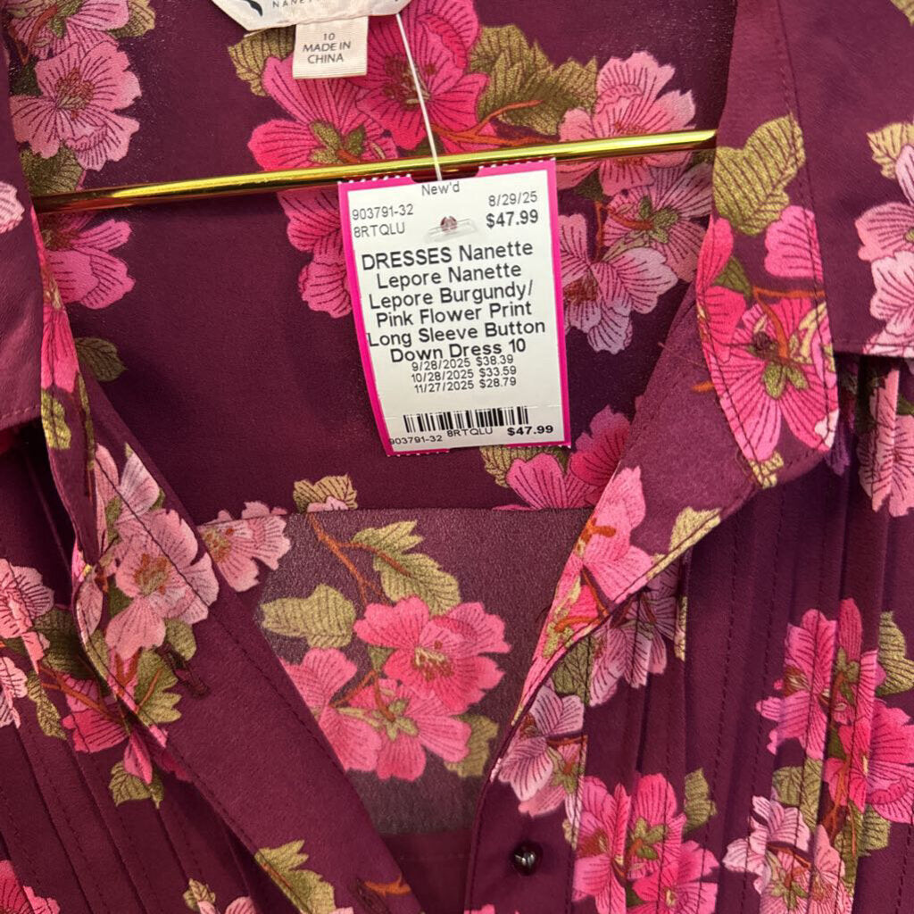 Nanette Lepore Burgundy/ Pink Flower Print Long Sleeve Button Down Dress 10