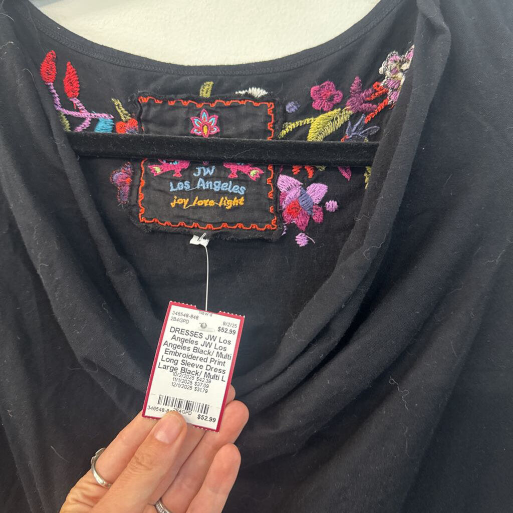 JW Los Angeles Black/ Multi Embroidered Print Long Sleeve Dress Large