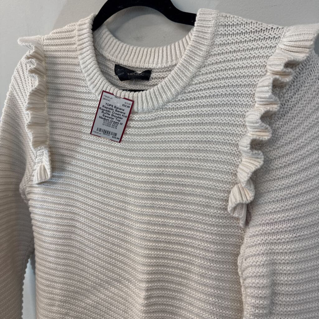 Banana Republic Cream Knit Ruffle Shoulder Sweater Top Medium
