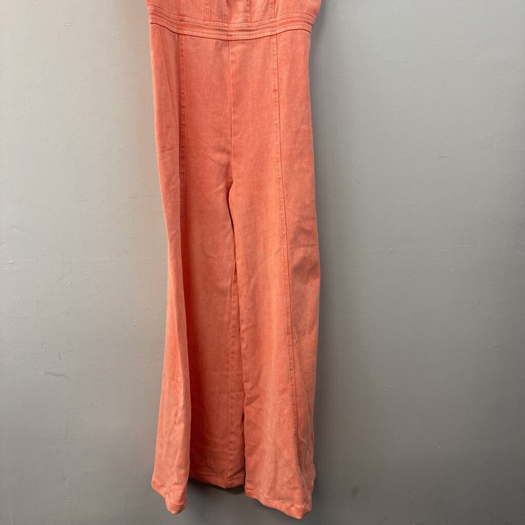 Vici Salmon Pink Denim Wide Leg Jumpsuit Large