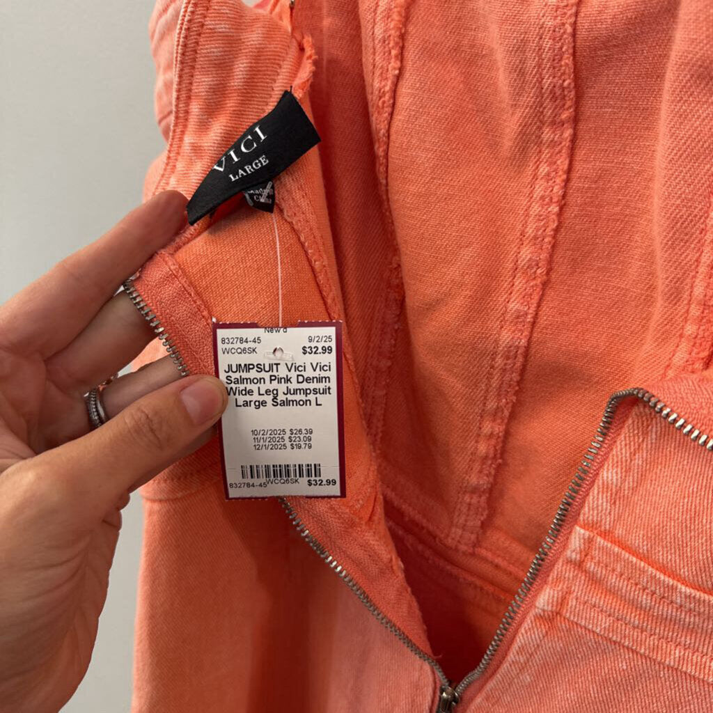 Vici Salmon Pink Denim Wide Leg Jumpsuit Large