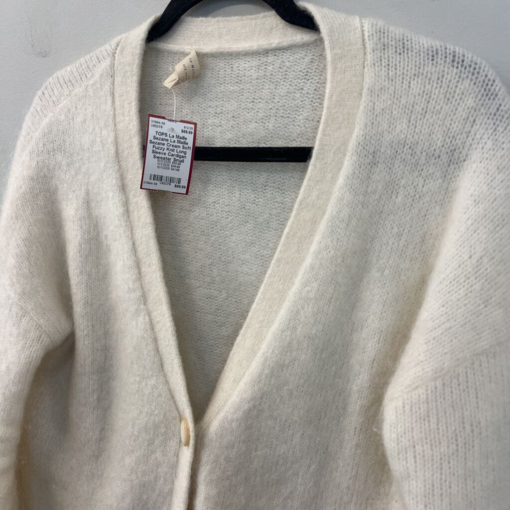 La Maille Sezane Cream Soft Fuzzy Knit Long Sleeve Cardigan Sweater Small