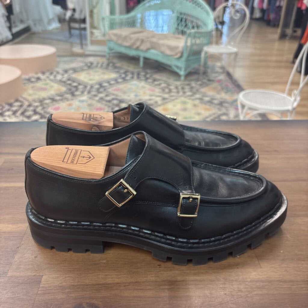 Santoni Black Leather Side Double Buckle Loafers 38