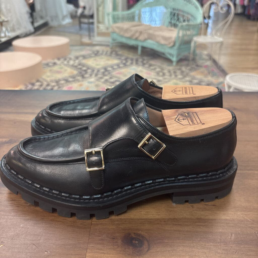 Santoni Black Leather Side Double Buckle Loafers 38