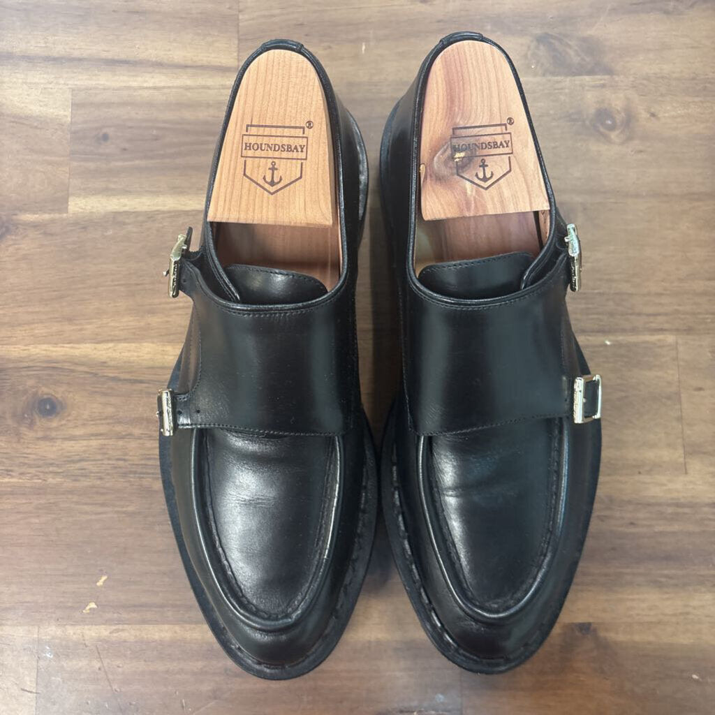 Santoni Black Leather Side Double Buckle Loafers 38