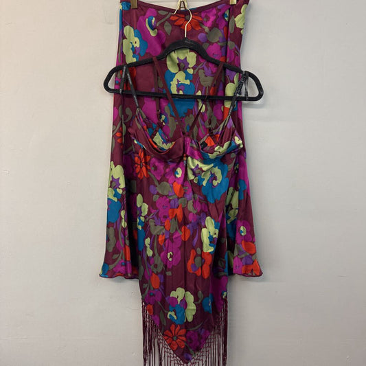 Ideology Y2K Purple/ Multi Print 100% Silk Midi Skirt/ Fringe Top Set Small