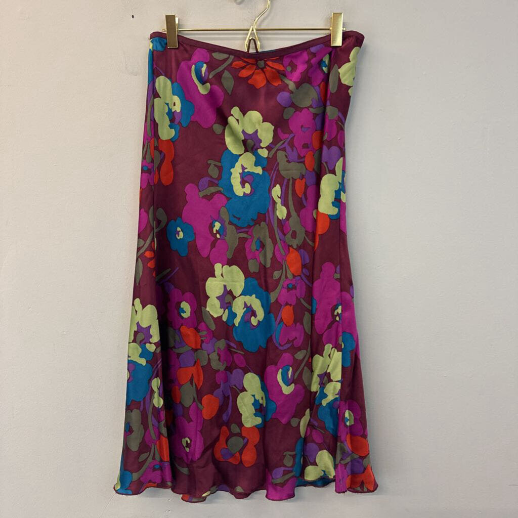 Ideology Y2K Purple/ Multi Print 100% Silk Midi Skirt/ Fringe Top Set Small