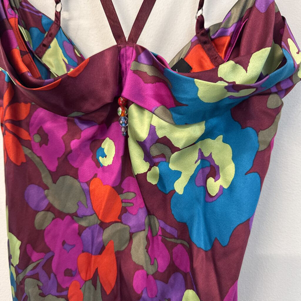 Ideology Y2K Purple/ Multi Print 100% Silk Midi Skirt/ Fringe Top Set Small